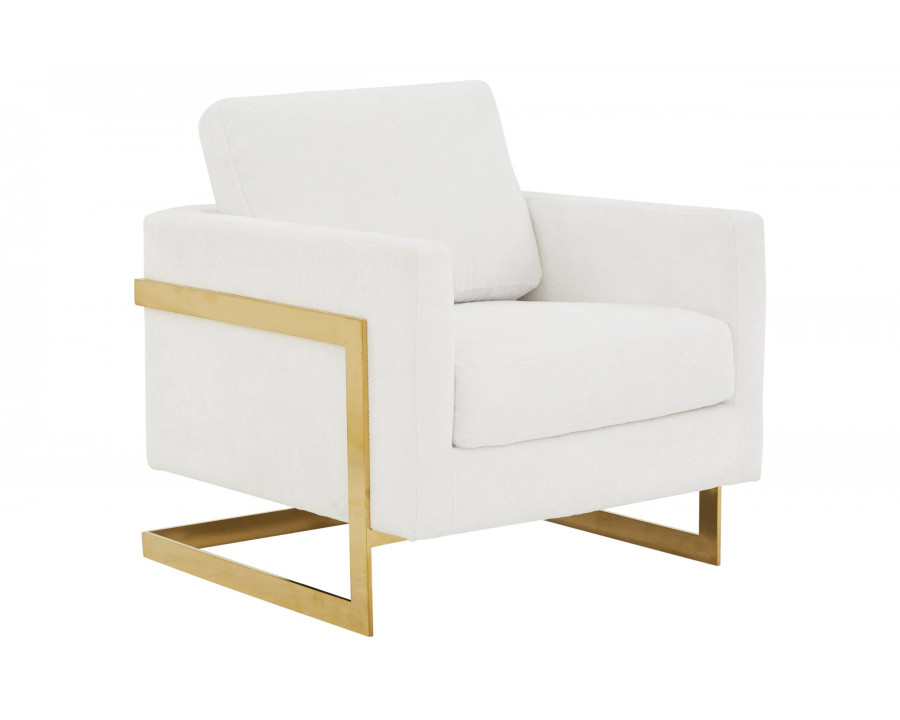 LeisureMod Lincoln Boucle Fabric Accent Armchair Gold Stainless Steel Frame - White