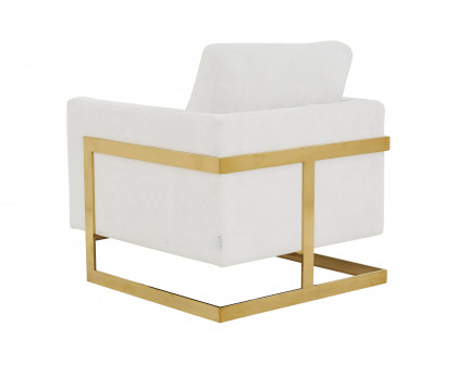 LeisureMod Lincoln Boucle Fabric Accent Armchair Gold Stainless Steel Frame - White