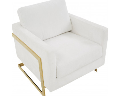 LeisureMod Lincoln Boucle Fabric Accent Armchair Gold Stainless Steel Frame - White