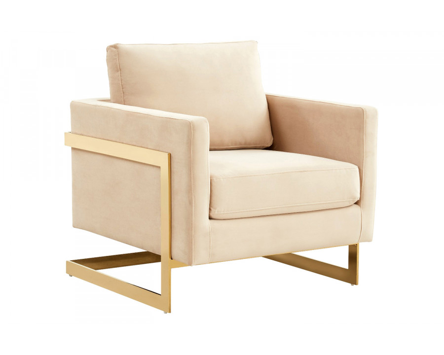 LeisureMod Lincoln Velvet Accent Armchair with Gold Frame - Beige