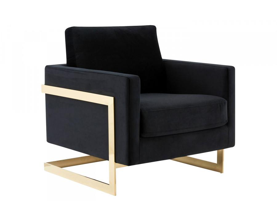 LeisureMod Lincoln Velvet Accent Armchair with Gold Frame - Midnight Black