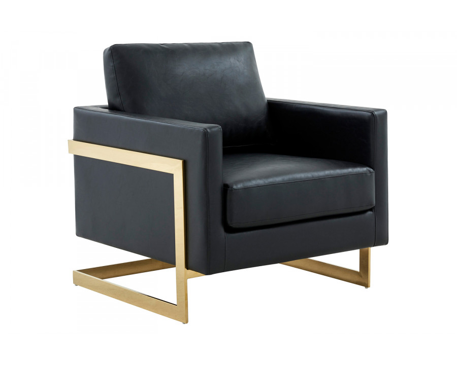 LeisureMod Lincoln Leather Accent Armchair with Gold Frame - Black