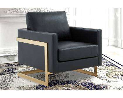 LeisureMod Lincoln Leather Accent Armchair with Gold Frame - Black