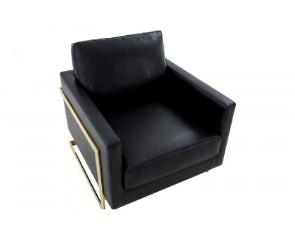 LeisureMod Lincoln Leather Accent Armchair with Gold Frame - Black