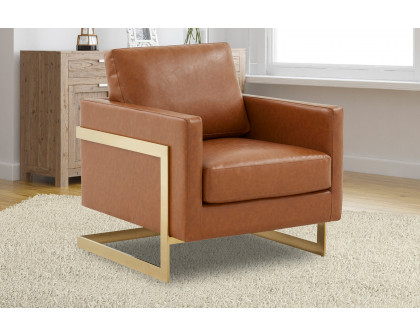 LeisureMod Lincoln Leather Accent Armchair with Gold Frame - Cognac/Tan