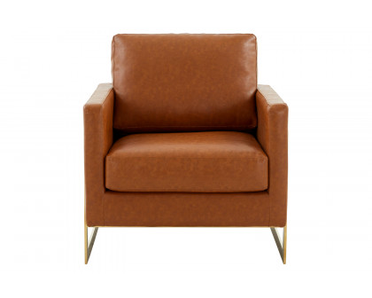 LeisureMod Lincoln Leather Accent Armchair with Gold Frame - Cognac/Tan