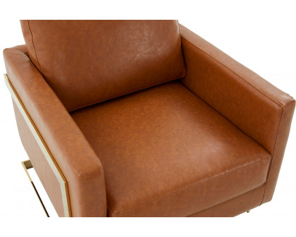 LeisureMod Lincoln Leather Accent Armchair with Gold Frame - Cognac/Tan