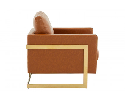 LeisureMod Lincoln Leather Accent Armchair with Gold Frame - Cognac/Tan