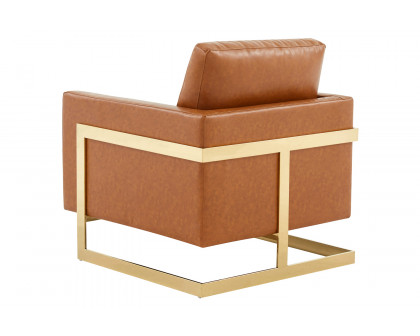 LeisureMod Lincoln Leather Accent Armchair with Gold Frame - Cognac/Tan