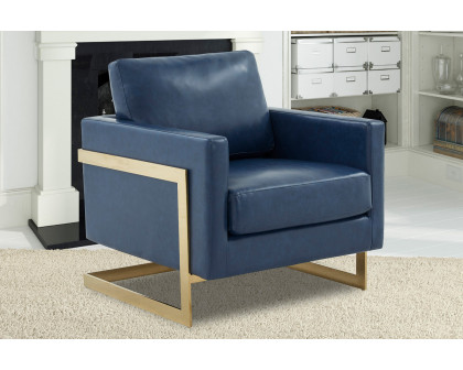 LeisureMod Lincoln Leather Accent Armchair with Gold Frame - Navy Blue