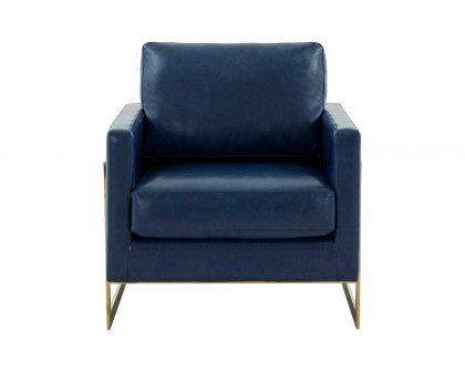 LeisureMod Lincoln Leather Accent Armchair with Gold Frame - Navy Blue