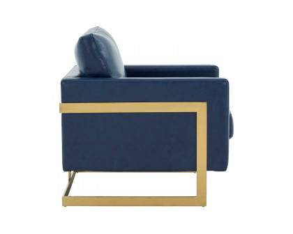 LeisureMod Lincoln Leather Accent Armchair with Gold Frame - Navy Blue