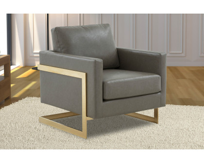 LeisureMod Lincoln Leather Accent Armchair with Gold Frame - Gray