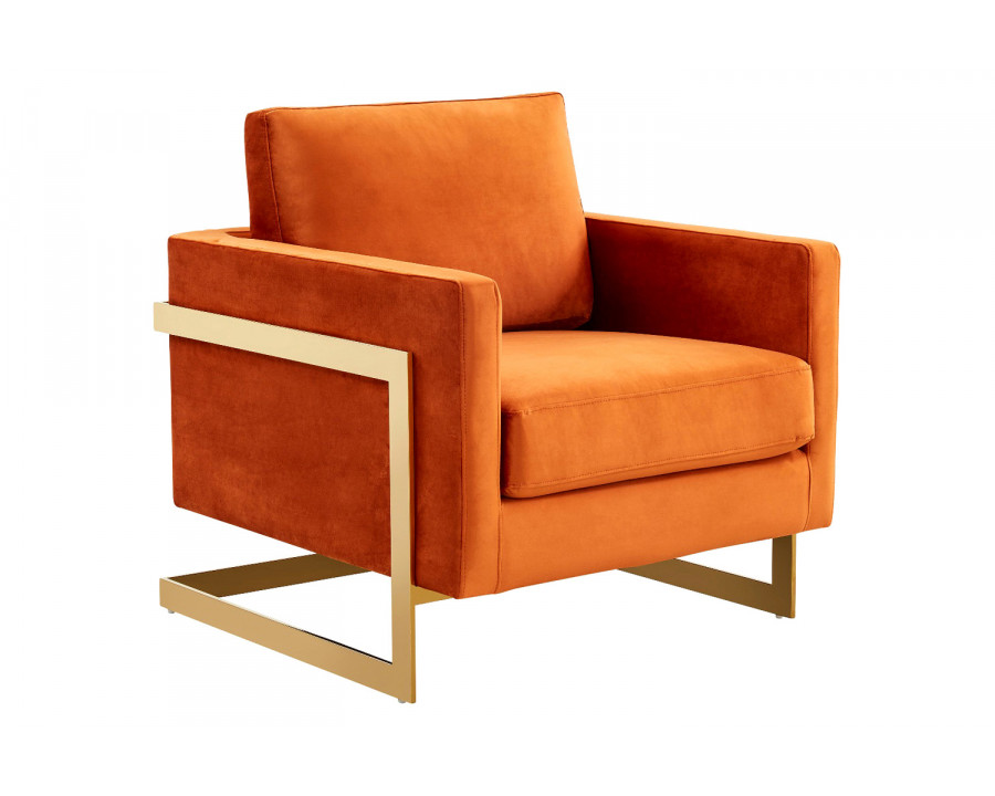 LeisureMod Lincoln Velvet Accent Armchair with Gold Frame - Orange/Marmalade