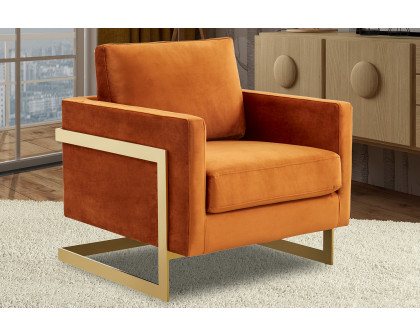 LeisureMod Lincoln Velvet Accent Armchair with Gold Frame - Orange/Marmalade