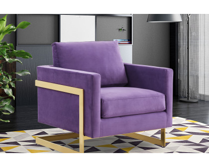 LeisureMod Lincoln Velvet Accent Armchair with Gold Frame - Purple