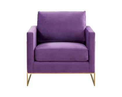 LeisureMod Lincoln Velvet Accent Armchair with Gold Frame - Purple