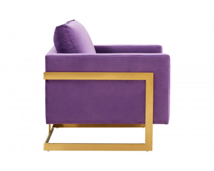 LeisureMod Lincoln Velvet Accent Armchair with Gold Frame - Purple