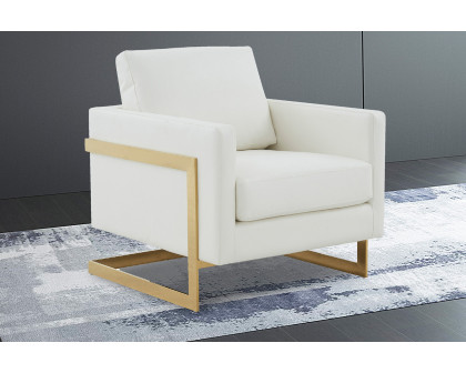 LeisureMod Lincoln Leather Accent Armchair with Gold Frame - White