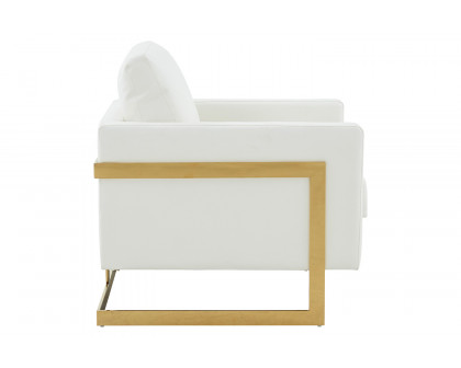 LeisureMod Lincoln Leather Accent Armchair with Gold Frame - White