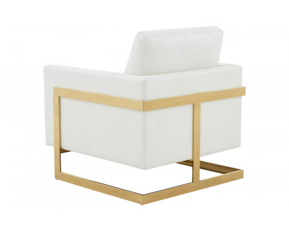 LeisureMod Lincoln Leather Accent Armchair with Gold Frame - White