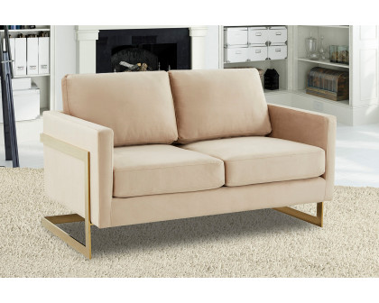 LeisureMod Lincoln Velvet Loveseat with Gold Frame - Beige