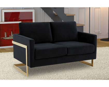 LeisureMod Lincoln Velvet Loveseat with Gold Frame - Midnight Black