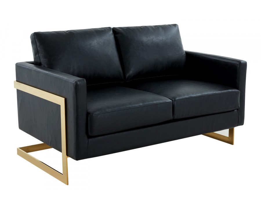 LeisureMod Lincoln Leather Loveseat with Gold Frame - Black