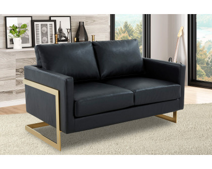 LeisureMod Lincoln Leather Loveseat with Gold Frame - Black