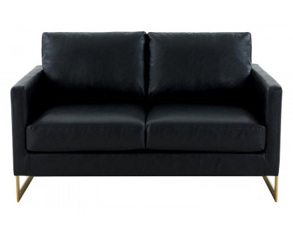 LeisureMod Lincoln Leather Loveseat with Gold Frame - Black