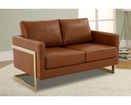 LeisureMod Lincoln Leather Loveseat with Gold Frame - Cognac/Tan