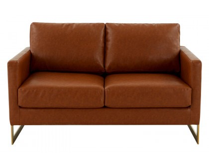 LeisureMod Lincoln Leather Loveseat with Gold Frame - Cognac/Tan