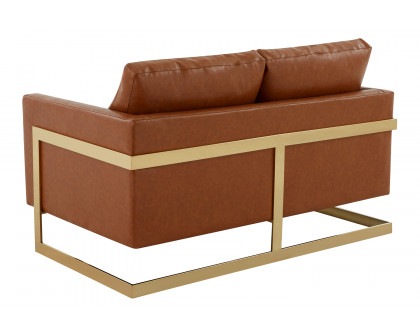 LeisureMod Lincoln Leather Loveseat with Gold Frame - Cognac/Tan