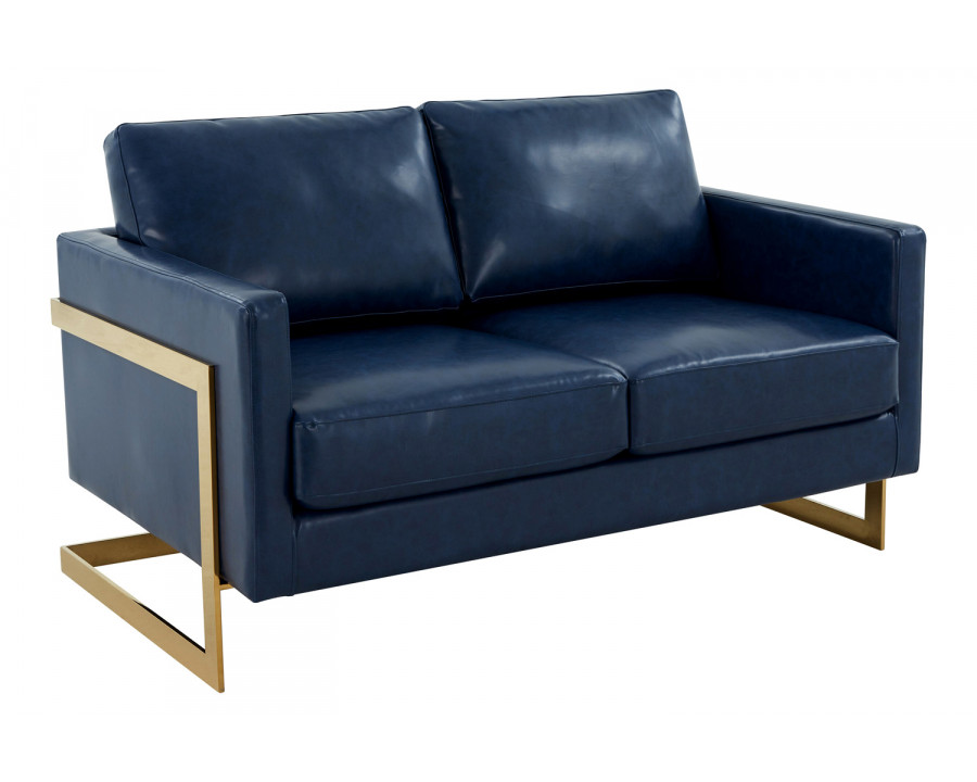 LeisureMod Lincoln Leather Loveseat with Gold Frame - Navy Blue