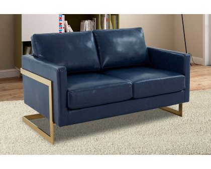 LeisureMod Lincoln Leather Loveseat with Gold Frame - Navy Blue