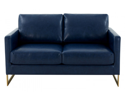 LeisureMod Lincoln Leather Loveseat with Gold Frame - Navy Blue