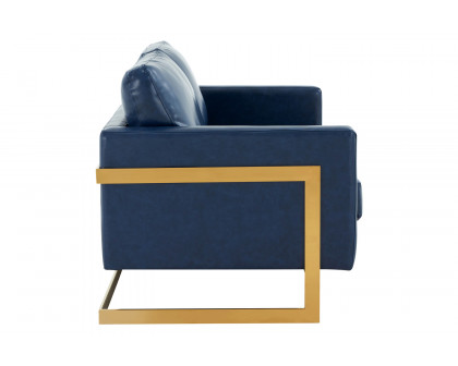 LeisureMod Lincoln Leather Loveseat with Gold Frame - Navy Blue