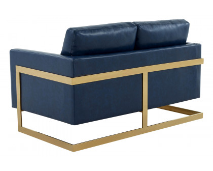 LeisureMod Lincoln Leather Loveseat with Gold Frame - Navy Blue