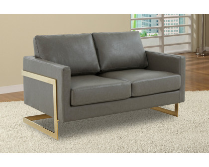 LeisureMod Lincoln Leather Loveseat with Gold Frame - Gray