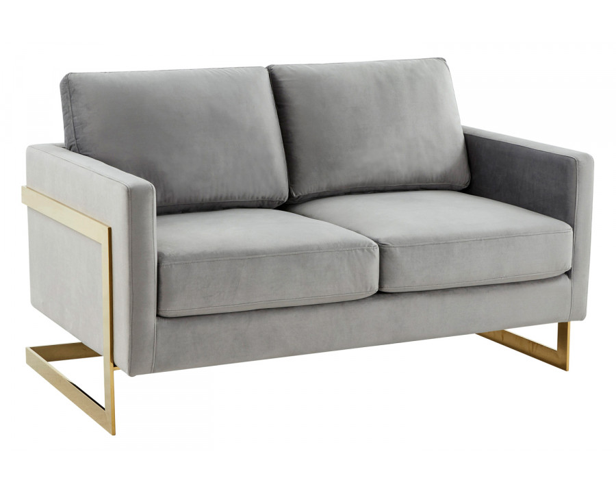 LeisureMod Lincoln Velvet Loveseat with Gold Frame - Light Gray