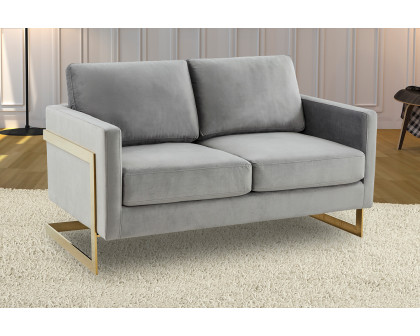 LeisureMod Lincoln Velvet Loveseat with Gold Frame - Light Gray