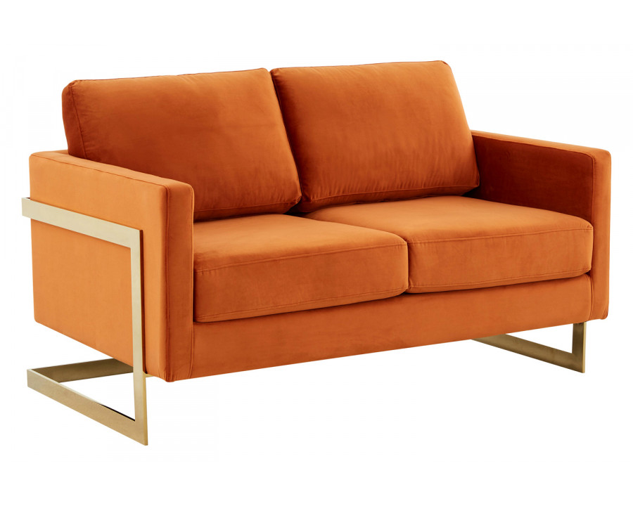 LeisureMod Lincoln Velvet Loveseat with Gold Frame - Orange/Marmalade