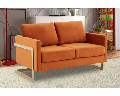 LeisureMod Lincoln Velvet Loveseat with Gold Frame - Orange/Marmalade