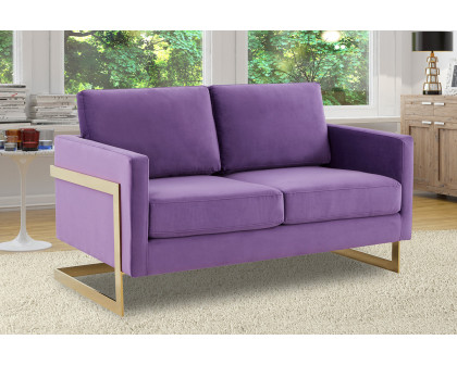 LeisureMod Lincoln Velvet Loveseat with Gold Frame - Purple