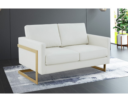 LeisureMod Lincoln Leather Loveseat with Gold Frame - White