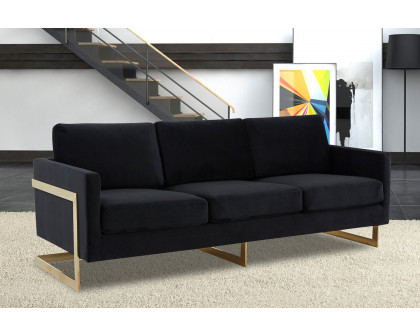 LeisureMod Lincoln Velvet Sofa with Gold Frame - Midnight Black