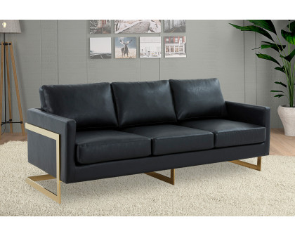 LeisureMod Lincoln Leather Sofa with Gold Frame - Black