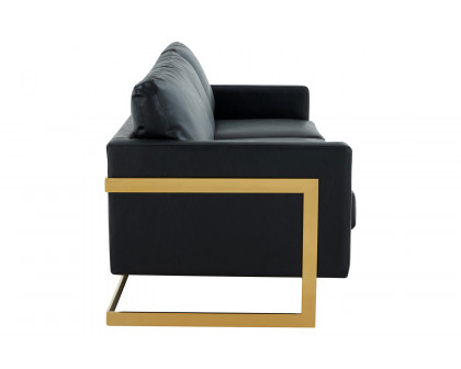 LeisureMod Lincoln Leather Sofa with Gold Frame - Black