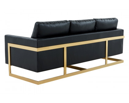 LeisureMod Lincoln Leather Sofa with Gold Frame - Black