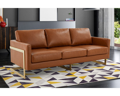 LeisureMod Lincoln Leather Sofa with Gold Frame - Cognac/Tan